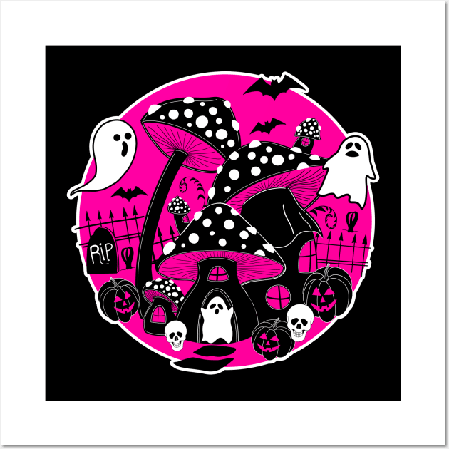 Mushroom Halloween Hot Pink Spooky Fairy House Wall Art by Giggias